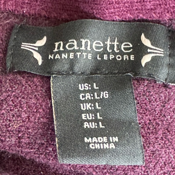 Nanette Lepore Plum Wool Sweater w Side Zippers and Navy Trimmed Sleeves Large - Picture 3 of 6
